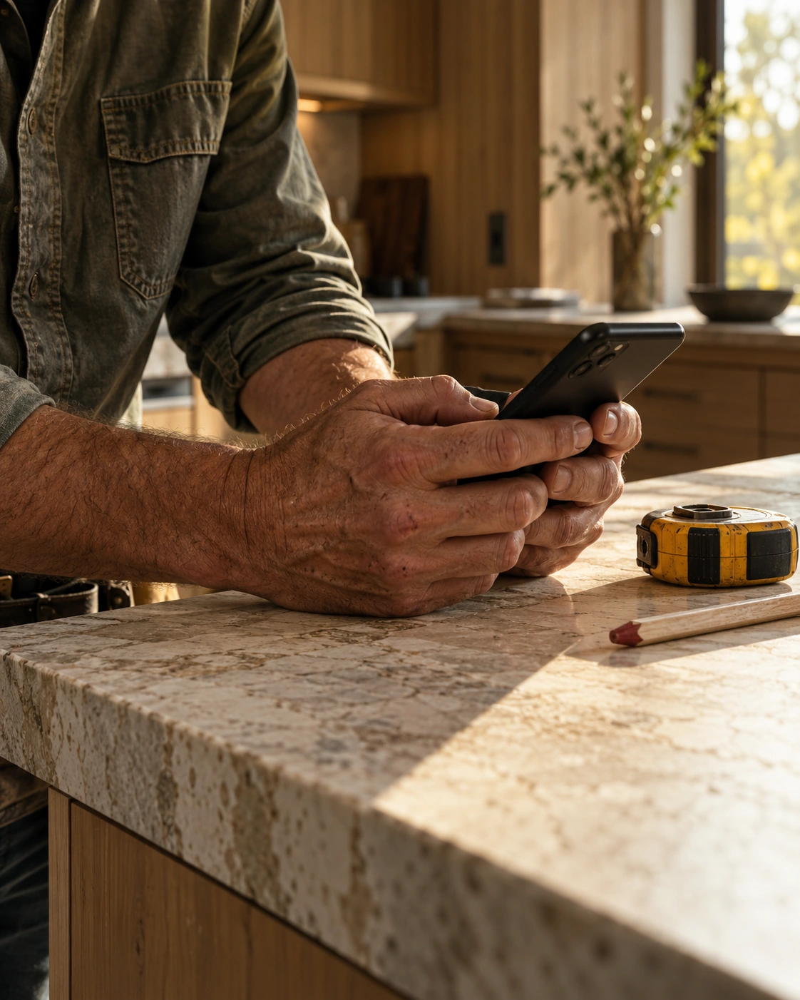 A contractor's hands holding a phone over a kitchen countertop, tape measure beside it