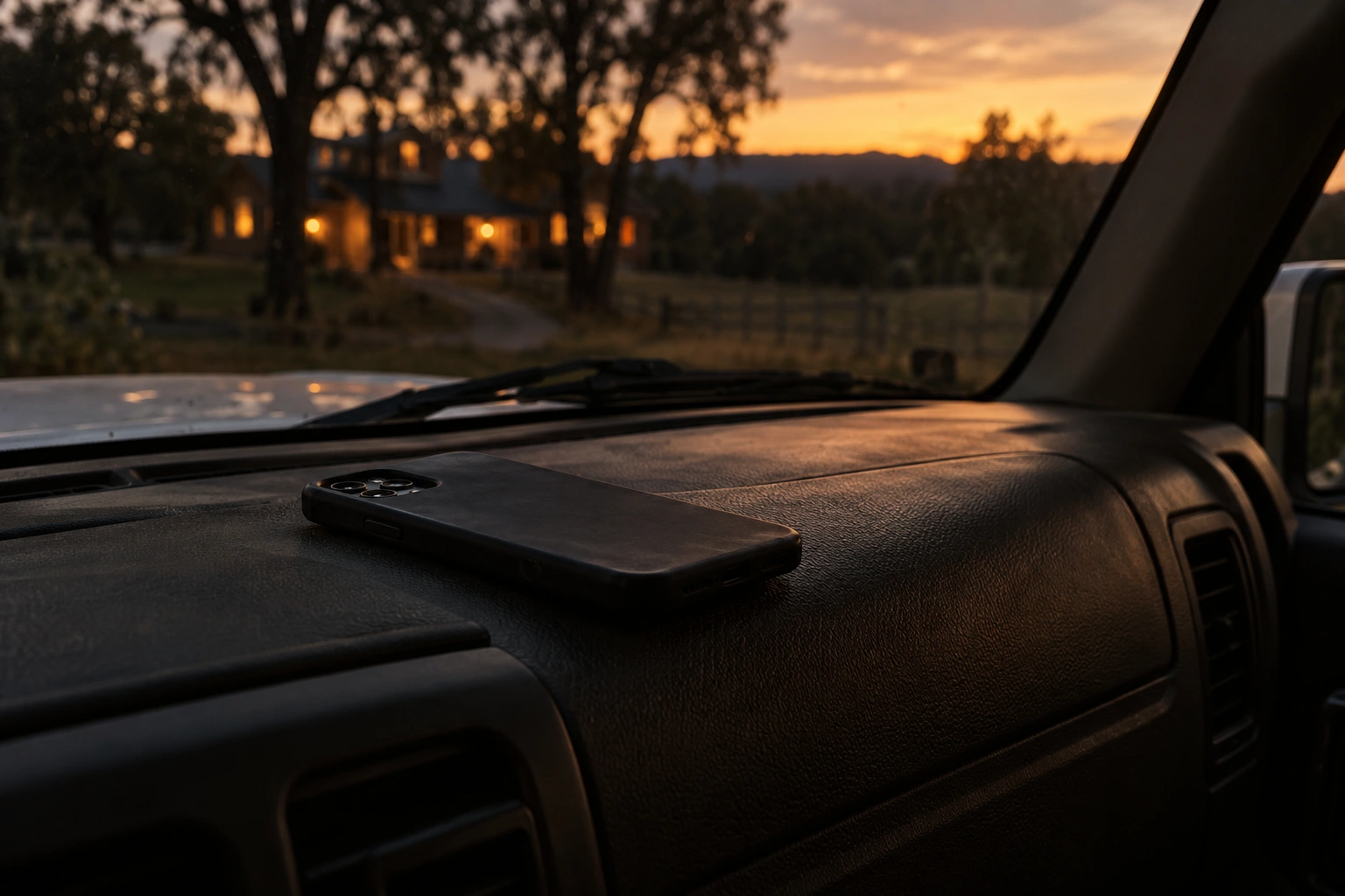 A phone resting on a work truck dashboard at dusk