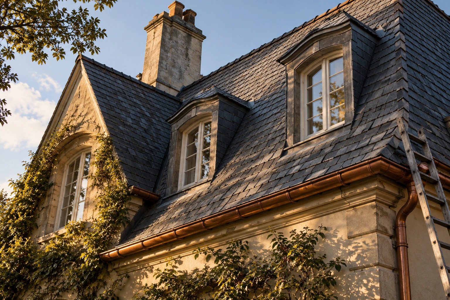 A steep slate roof seen from the ground