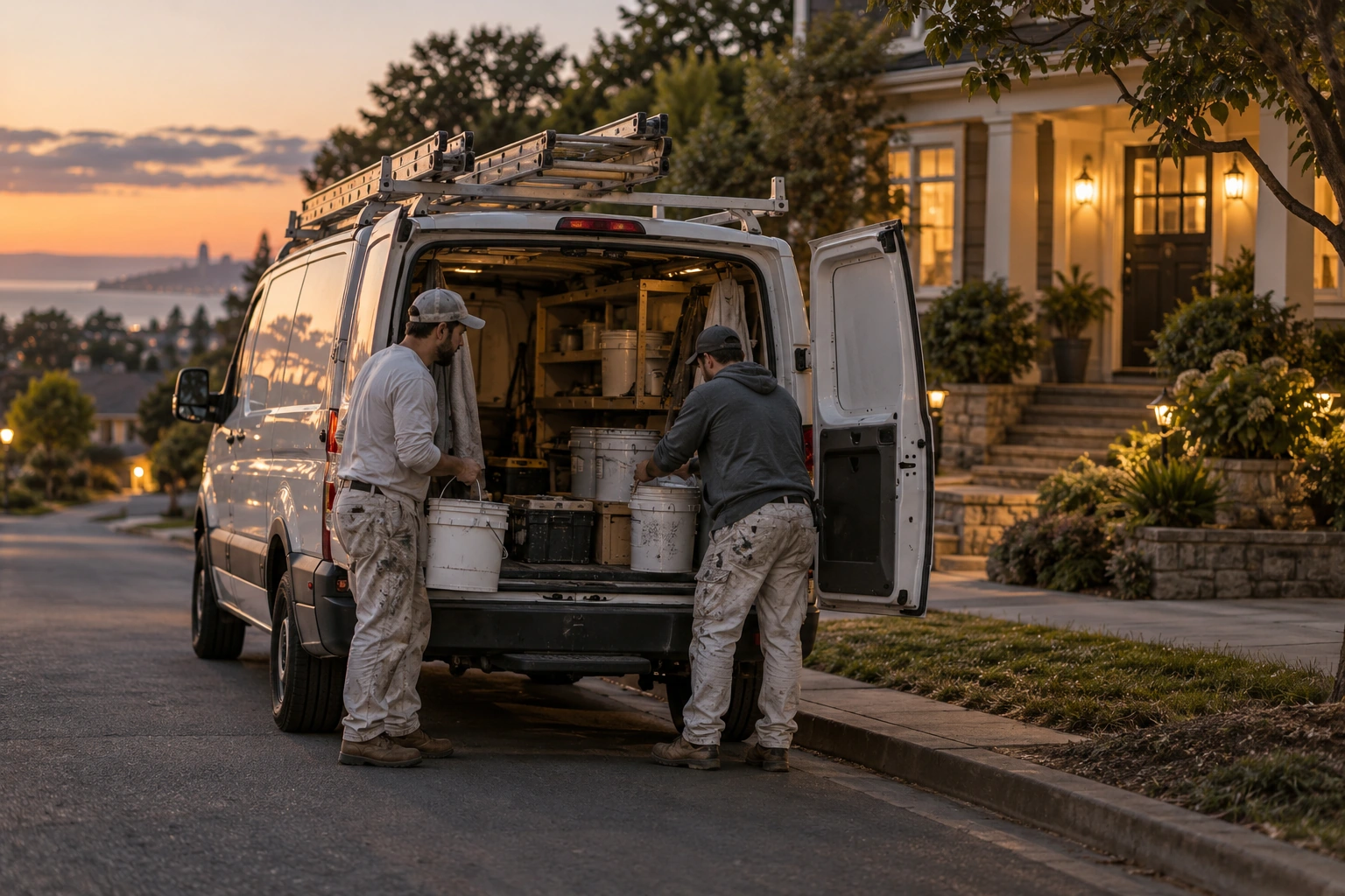 Two painters loading a van at dusk