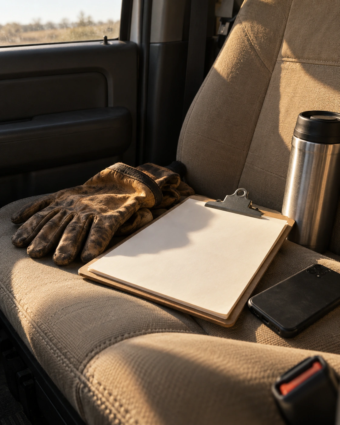 Gloves, a blank estimate pad, a thermos and a phone on a work truck seat