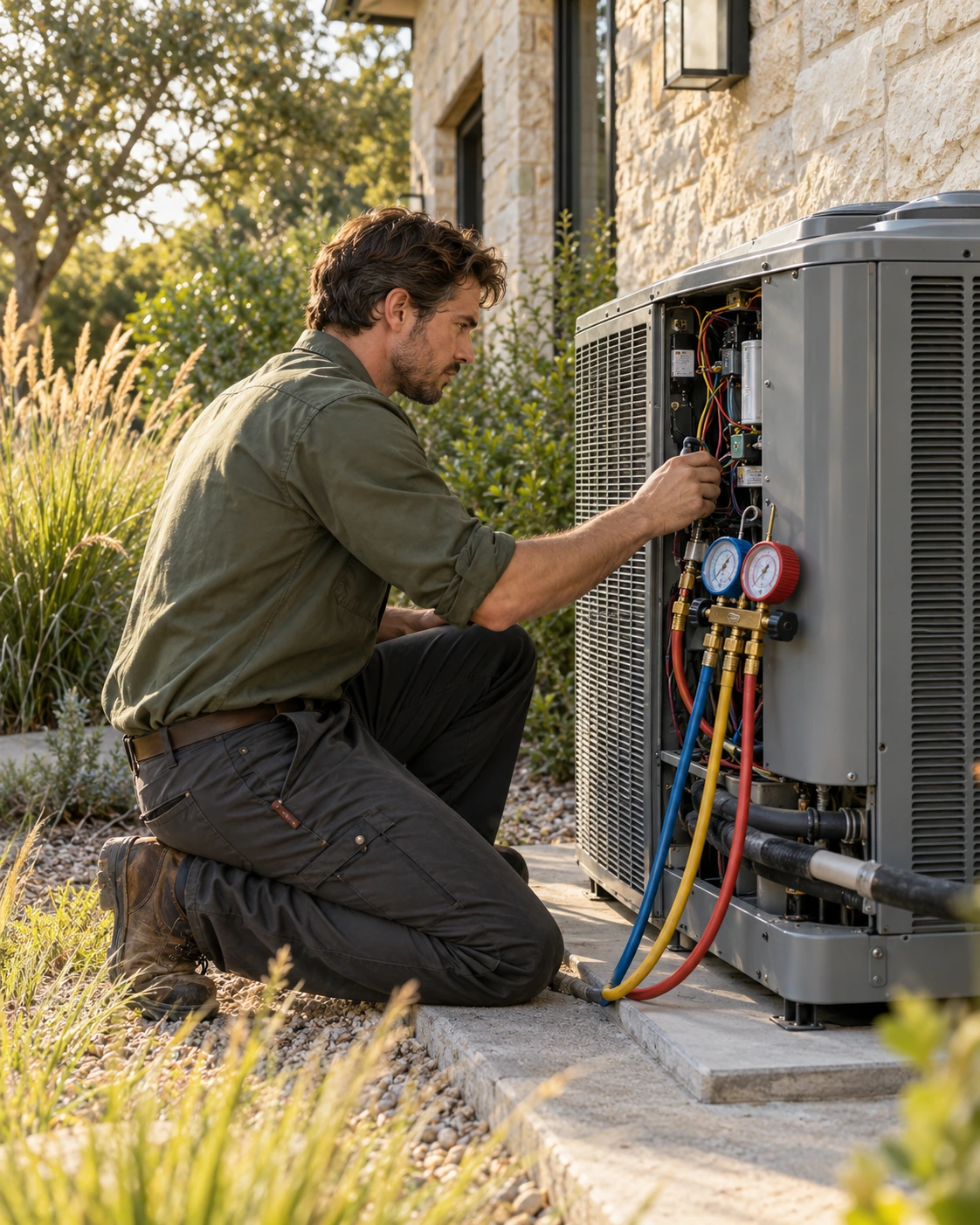 HVAC technician servicing a condenser unit