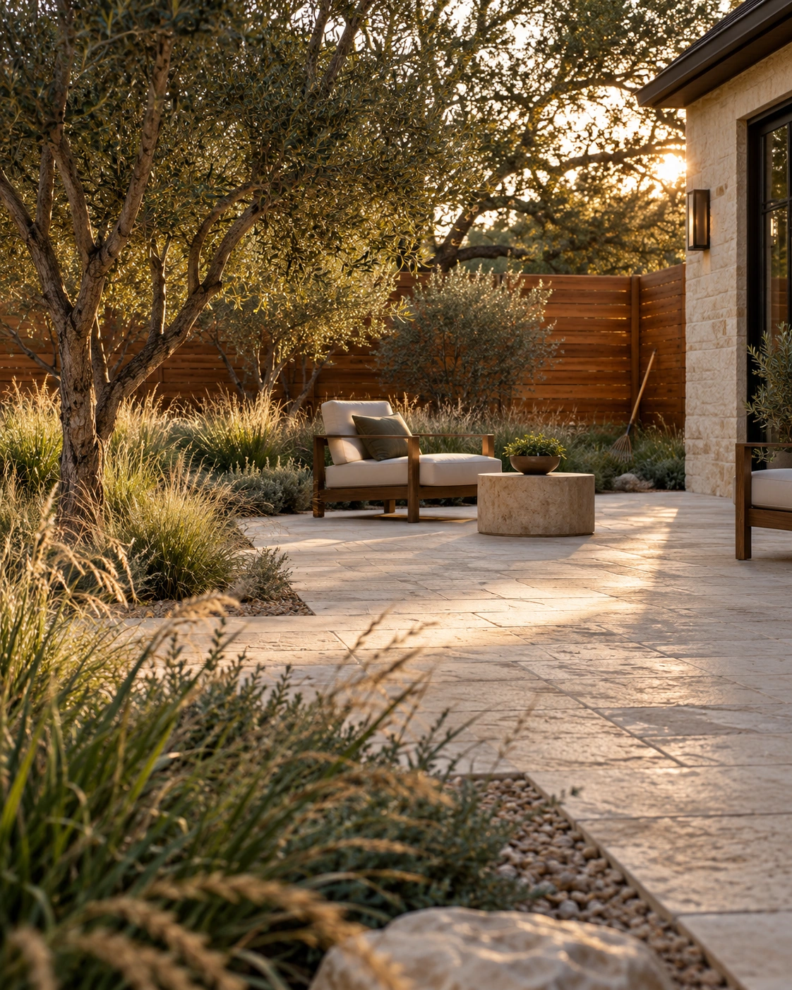 A freshly laid stone patio in a back garden