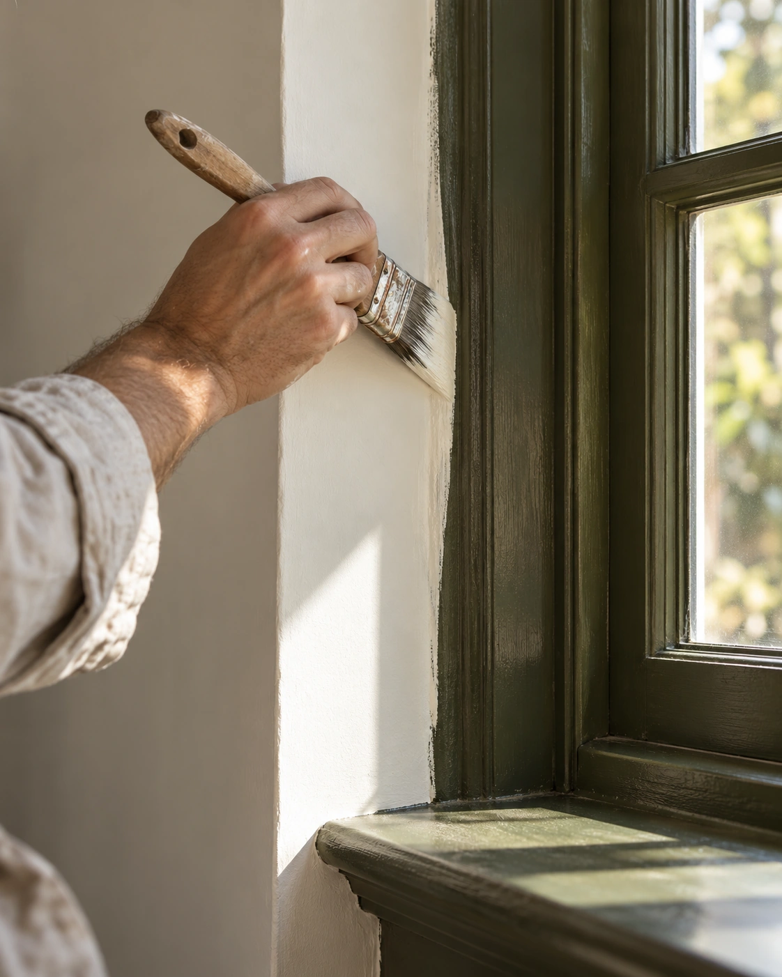 A painter cutting in along a window frame