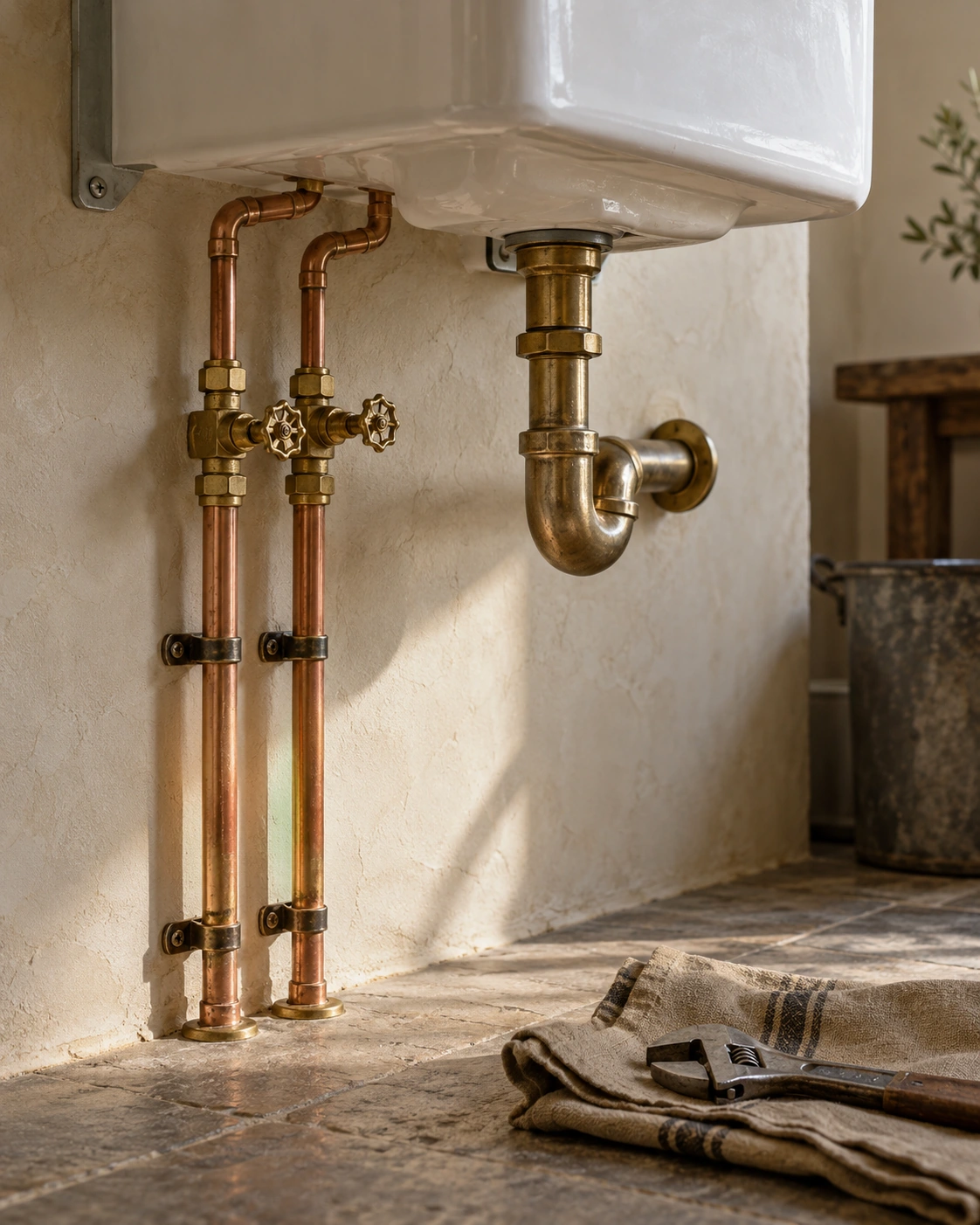 Precisely fitted copper pipes and a brass shutoff valve beneath a utility basin