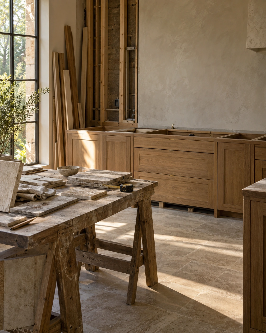 An orderly kitchen renovation with oak cabinetry and a carpenter’s workbench