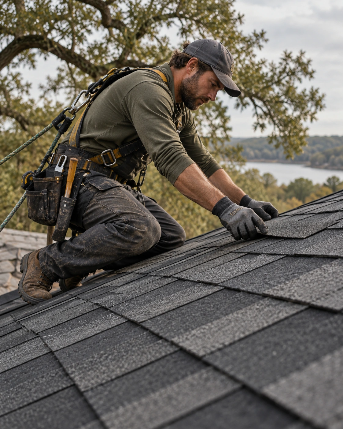 Roofers laying shingles